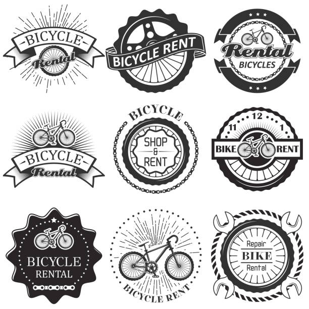 Vector set of bicycle rental badges labels logo Bike rental badge label logo set. Vector monochrome illustration in retro style. Bicycle rent, shop and repair typography. cycling borders stock illustrations