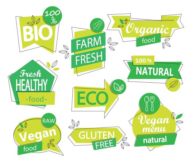 ilustrações de stock, clip art, desenhos animados e ícones de vector set of bio, eco, organic stickers or logos. - natural food web