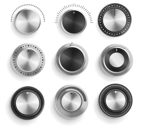 Vector set of black and chrome volume control buttons isolated on white background. Realistic 3d metal sound knobs. Tune and volume round button with scale Vector set of black and chrome volume control buttons isolated on white background. Realistic 3d metal sound knobs. Tune and volume round button with scale. knob stock illustrations