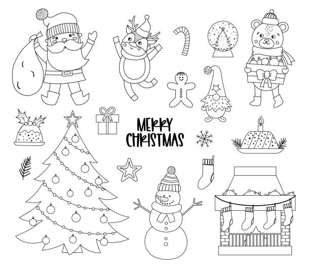 Vector set of black and white Christmas elements with Santa Claus, deer, fir tree, presents isolated on white background. Cute funny winter icons illustration for decorations or new year design. Vector set of black and white Christmas elements with Santa Claus, deer, fir tree, presents isolated on white background. Cute funny winter icons illustration for decorations or new year design. christmas coloring stock illustrations