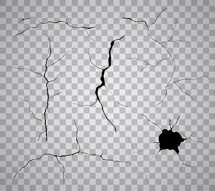 Vector set of black cracks and holes isolated on transparent background