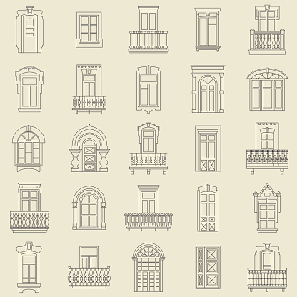 Vector set of black  thin line icons of vintage decorative doors, windows, balconies on white background.
