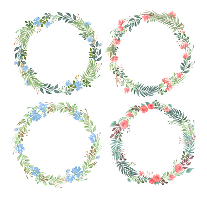 Vector set of blank round floral frames in watercolor style isolated on white background