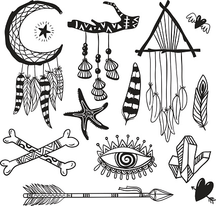Vector set of boho style hand drawn elements.