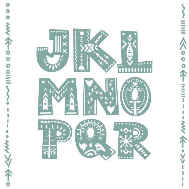 Vector set of bold letters decorated with nordic folk ornaments. Letters J, K, L, M, N, O, P, Q, R. Display font. Vector set of bold letters decorated with nordic folk ornaments. Letters J, K, L, M, N, O, P, Q, R. Display font. drawing of the fancy letter k stock illustrations