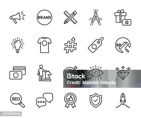 istock Vector set of brand line icons. Contains icons corporate identity, name, mission, vision, advertising, values, strategy, rebranding and more. Pixel perfect. 1322155556