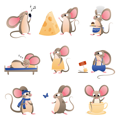 Vector set of brown mice in different poses and images. Illustration of a fairy-tale character in flat style.