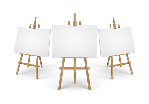 Vector Set of Brown Sienna Wooden Easels with Mock Up Empty Blank Canvases Isolated on Background