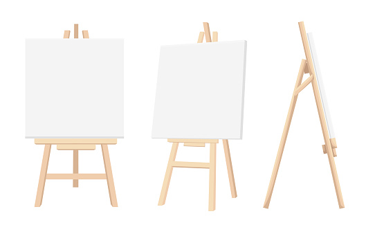 Vector Set of Brown Sienna Wooden Easels with Mock Up Empty Blank Canvases Isolated on Background Paint Desk and White Paper Isolated On Background. Vector illustration Web site page and mobile app