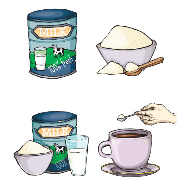 ilustraciones, imágenes clip art, dibujos animados e iconos de stock de vector conjunto de ilustración de dibujos animados de leche en polvo - baby formula