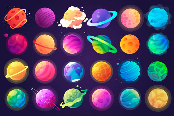 stockillustraties, clipart, cartoons en iconen met vector set van cartoon planeten. kleurrijke set van geïsoleerde objecten. achtergrond van de ruimte. fantasie planeten. eps 10 - planeet