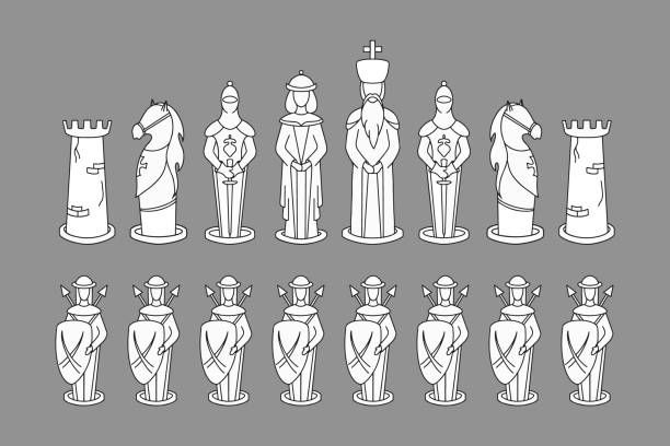 Vector set of chess pieces in cartoon style: king, queen, bishop, knight, rook, pawn. Vector set of chess pieces in cartoon style: king, queen, bishop, knight, rook, pawn. Hand-drawning vector illustration chess drawings stock illustrations