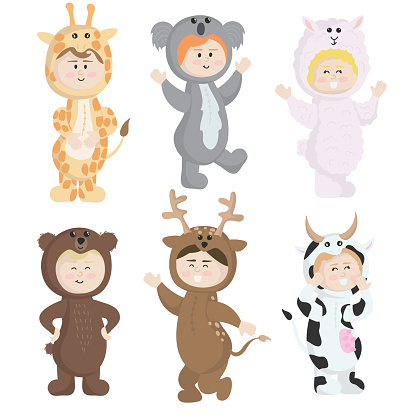 Vector  set of children in animal costumes. Cute cartoon kids like bear, lama, koala, cow, girage, deer