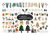 Vector set of Christmas icons. Christmas tree, gift boxes, bells and cute gingerbread man. Flat cartoon colorful vector illustration.