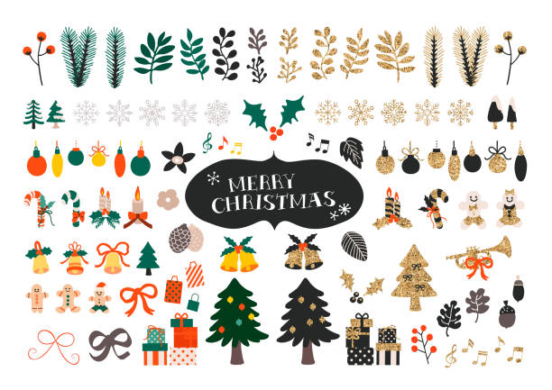 Vector set of Christmas icons. Christmas tree, gift boxes, bells and cute gingerbread man. Vector set of Christmas icons. Christmas tree, gift boxes, bells and cute gingerbread man. Flat cartoon colorful vector illustration. christmas present illustrations stock illustrations