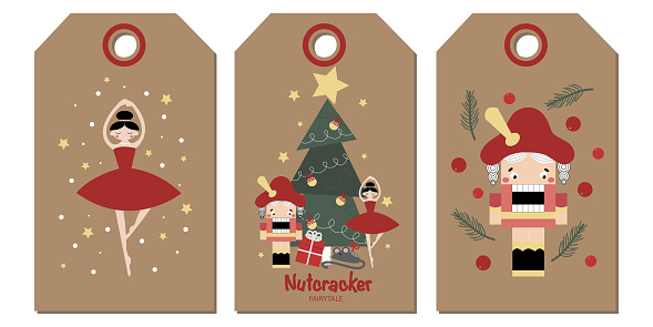 Vector set of christmas labels. Merry Christmas set of greeting cards with Nutcracker and ballerina, gifts, christmas tree, presents, gift box, fir