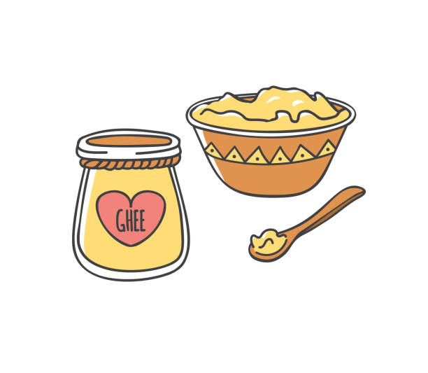 Vector set of clip art Ghee butter. Ghee. Vector illustration of traditional Indian ghee butter. Cute doodle jar with a decorative rope and a heart shaped label. Wooden plate and spoon. Healthy eating and Culinary topic. ghee stock illustrations