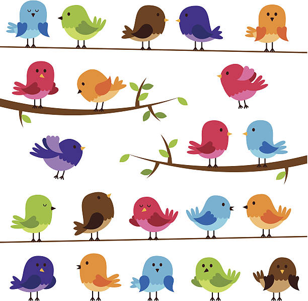 Vector Set of Colorful Cartoon Birds Vector Set of Colorful Cartoon Birds. Large JPG included. No transparency or gradients used. Each bird and branch is individually grouped for easy editing. telephone line stock illustrations