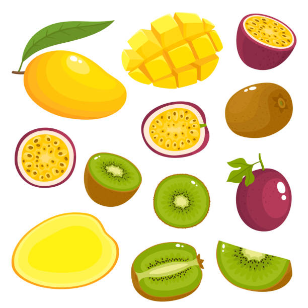 ilustrações de stock, clip art, desenhos animados e ícones de vector set of colorful kiwi, mango, passionfruit isolated on white - granadilla
