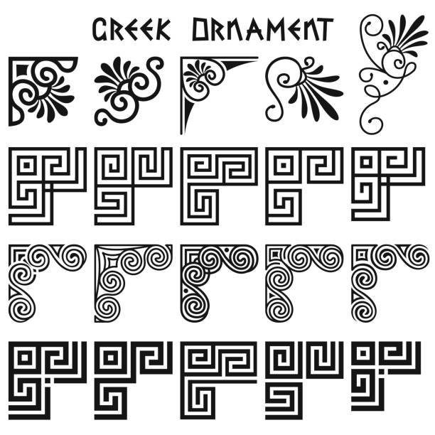 Vector set of corner design elements in greek style Vector set of traditional, modern greek ornament patterns. Classic Hellenic corner design elements isolated on white background. For decoration of book page, menu, certificate, invitation card, banner classical greek stock illustrations