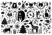 Vector set of cute animals: fox, bear, rabbit, squirrel, wolf, hedgehog, owl, deer, cat, mouse, birds. Collection of graphic elements: flowers, stars, clouds, arrows, plants. Design elements for children's prints, greetings, posters, t-shirt, packaging, invites.