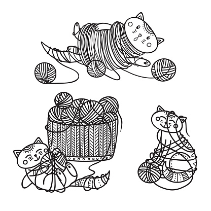 Download Vector Set Of Cute Cats Playing With Yarn Ball Coloring ...