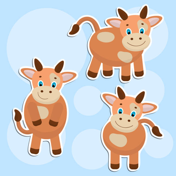 Vector set of cute cow stickers Vector set of stickers with cute cows. For design and decoration brown cow stock illustrations