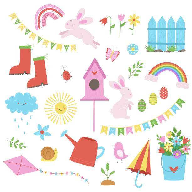 Vector set of cute spring cartoon animals, plants and decorations. Happy Easter. Collection of colorful elements isolated on a white background. Vector set of cute spring cartoon characters, plants and decorations. Happy Easter elements. Collection of colorful elements with animals, bird and flowers isolated on a white background. easter sunday stock illustrations