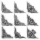 Vector set of decorative black Corners on white for creating frames, ornate decoration with flourishes, 9 vintage corners with curls and dots for borders, ornament with detail indian design elements.