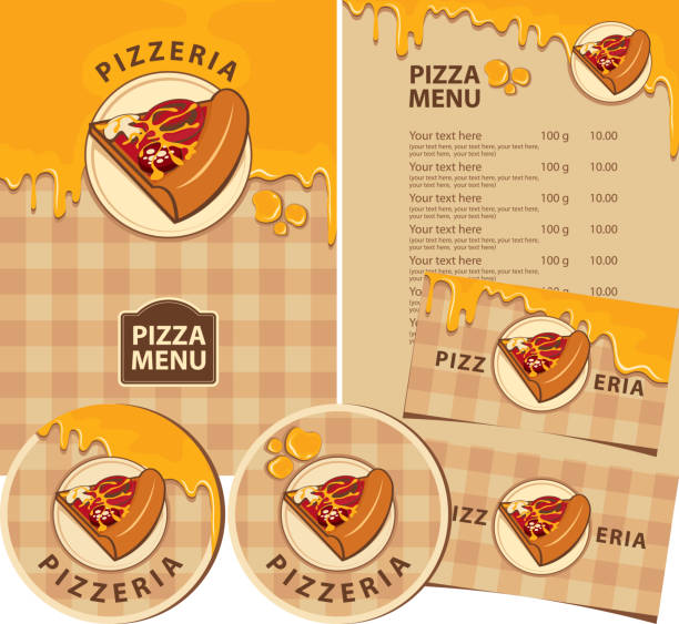 Vector set of design elements for pizzeria Vector set of design elements for a pizzeria. Menus, badges, business cards, and drink stands with a slice of pizza, melted cheese, and inscriptions on a checkered tablecloth background cheese backgrounds stock illustrations