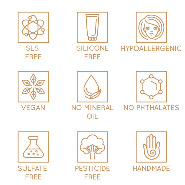 Vector set of design elements, logo design template, icons and badges for natural and organic cosmetics in trendy linear style Vector set of design elements, logo design template, icons and badges for natural and organic cosmetics in trendy linear style - sls, silicone and sulfate free, no mineral oil, hypoallergenic, vegan silicone stock illustrations