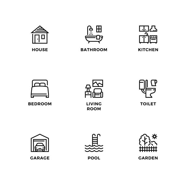 Vector set of design elements, logo design template, icons and badges for house. Vector set of design elements, logo design template, icons and badges for house. Line icon set, editable stroke. bedroom icons stock illustrations