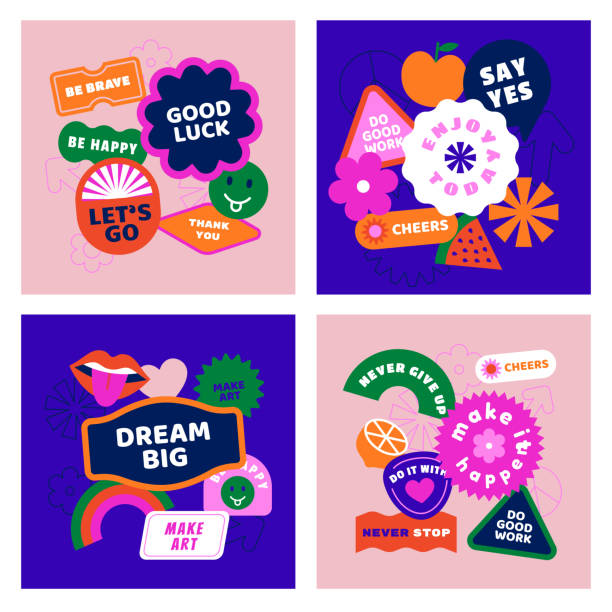 Vector set of design elements, patches and stickers with inspirational phrases - abstract elements for branding, packaging, prints and social media posts Vector set of design elements, patches and stickers with inspirational phrases - abstract elements for branding, packaging, prints and social media posts colored background illustrations stock illustrations