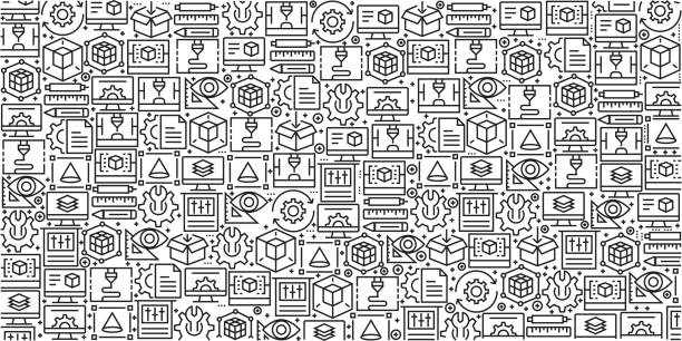Vector set of design templates and elements for 3D Printing and Modeling in trendy linear style - Seamless patterns with linear icons related to 3D Printing and Modeling - Vector