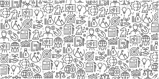 Vector set of design templates and elements for Corporate Business in trendy linear style - Seamless patterns with linear icons related to Corporate Business - Vector Vector set of design templates and elements for Corporate Business in trendy linear style - Seamless patterns with linear icons related to Corporate Business - Vector marketing patterns stock illustrations