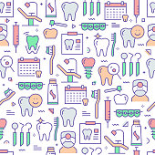 Vector set of design templates and elements for Dental in trendy linear style - Seamless patterns with linear icons related to Dental - Vector