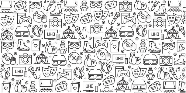 Vector set of design templates and elements for Entertainment in trendy linear style - Seamless patterns with linear icons related to Entertainment - Vector Vector set of design templates and elements for Entertainment in trendy linear style - Seamless patterns with linear icons related to Entertainment - Vector arts culture and entertainment stock illustrations