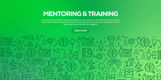 Wektorowy zestaw szablonów projektowych i elementów do mentoringu i szkolenia w modnym stylu liniowym - Bezszwowe wzory z liniowymi ikonami związanymi z mentoringiem i szkoleniem - Wektor