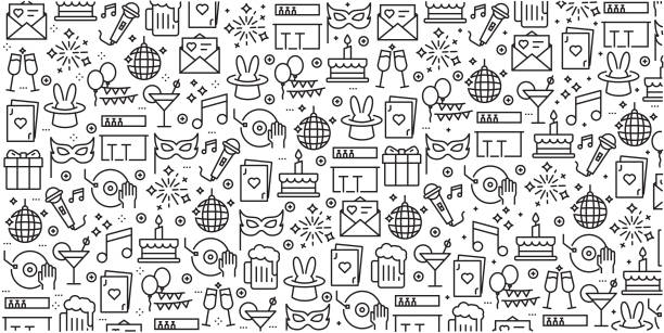 Vector set of design templates and elements for Party Related in trendy linear style - Seamless patterns with linear icons related to Party Related - Vector Vector set of design templates and elements for Party Related in trendy linear style - Seamless patterns with linear icons related to Party Related - Vector family patterns stock illustrations