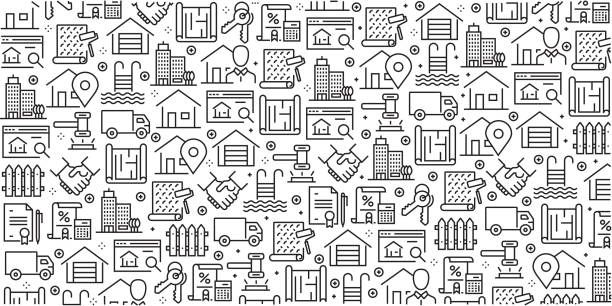 Vector set of design templates and elements for Real Estate in trendy linear style - Seamless patterns with linear icons related to Real Estate - Vector Vector set of design templates and elements for Real Estate in trendy linear style - Seamless patterns with linear icons related to Real Estate - Vector businessman patterns stock illustrations