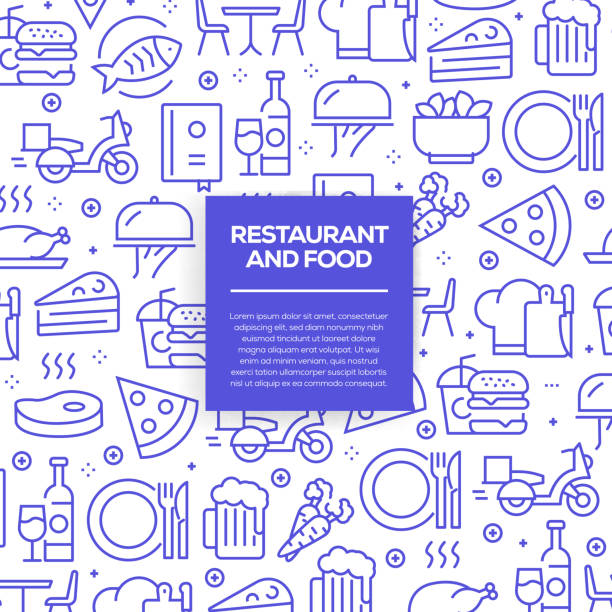 stockillustraties, clipart, cartoons en iconen met vector set van ontwerpsjablonen en elementen voor restaurant en voedsel in trendy lineaire stijl - naadloze patronen met lineaire pictogrammen in verband met restaurant- en food - vector - eetklaar