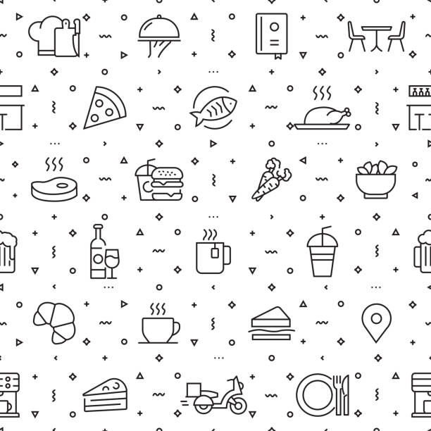 Vector set of design templates and elements for Restaurant and Food in trendy linear style - Seamless patterns with linear icons related to Restaurant and Food - Vector Vector set of design templates and elements for Restaurant and Food in trendy linear style - Seamless patterns with linear icons related to Restaurant and Food - Vector food patterns stock illustrations