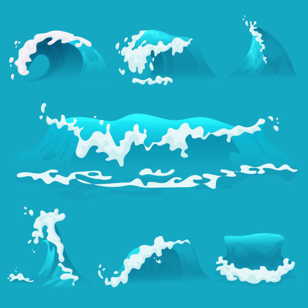 векторный набор различных мультяшных морских или океанских волн с пеной. - tsunami stock illustrations