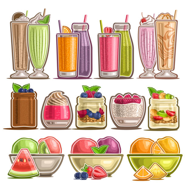 illustrations, cliparts, dessins animés et icônes de ensemble vectoriel de différents desserts - verrines
