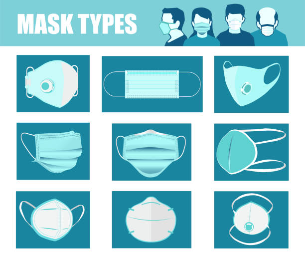 ilustraciones, imágenes clip art, dibujos animados e iconos de stock de conjunto vectorial de diferentes tipos de máscaras faciales. - covid variant