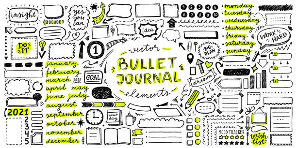 vector set of elements for bullet journal big vector set of frames, arrows, lettering, icons and elements for bullet journal diary stock illustrations