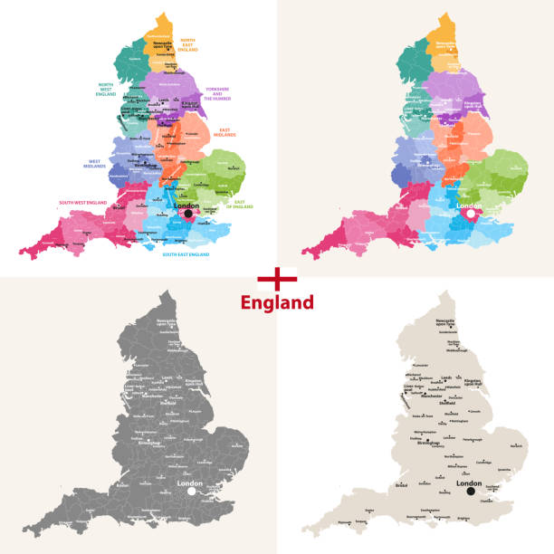 zestaw wektorów map anglii z największymi miastami - brighton stock illustrations