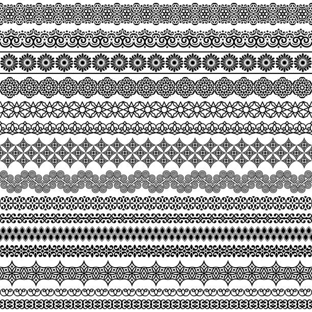 Vector set of fancy seamless brushes in oriental motifs. Brushes included in file Vector set of fancy seamless brushes in oriental motifs. For frames, boarders, braid, edging in the lush eastern style. Elegant patterns for design of greeting cards, invitations, print textile, paper dancing borders stock illustrations