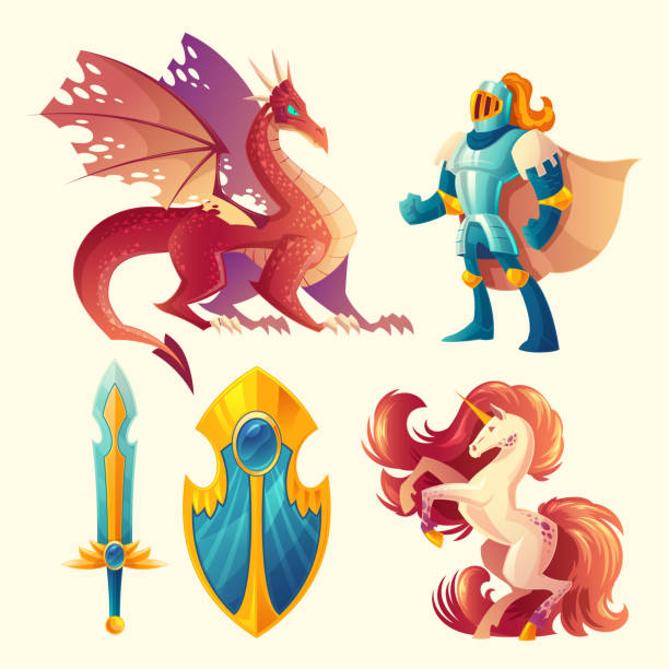 Vector set of fantasy game design objects Vector set of fantasy game design objects isolated on white background. Knight in armor, red dragon, fantastic unicorn, magic shield, royal sword. Magical characters, ui concept. adventure clipart stock illustrations