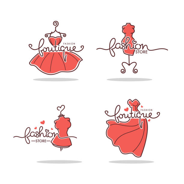 vector set of Fashion Boutique and store logo, label, emblems with doodle line art dresses and lettering composition vector set of Fashion Boutique and store logo, label, emblems with doodle line art dresses and lettering composition boutique stock illustrations